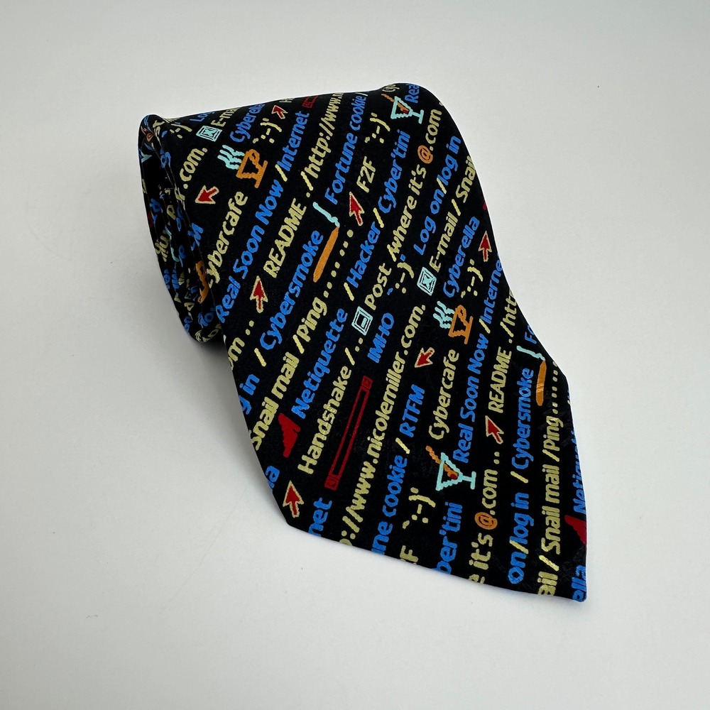 Nicole Miller Tie Mens OS Black 1997 Vintage Silk Early Internet Tech Novelty